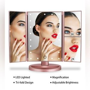DEWEISN Dresser Rose Gold Tri-Fold Lighted Vanity Mirror w 21 LED Lights - BNIB